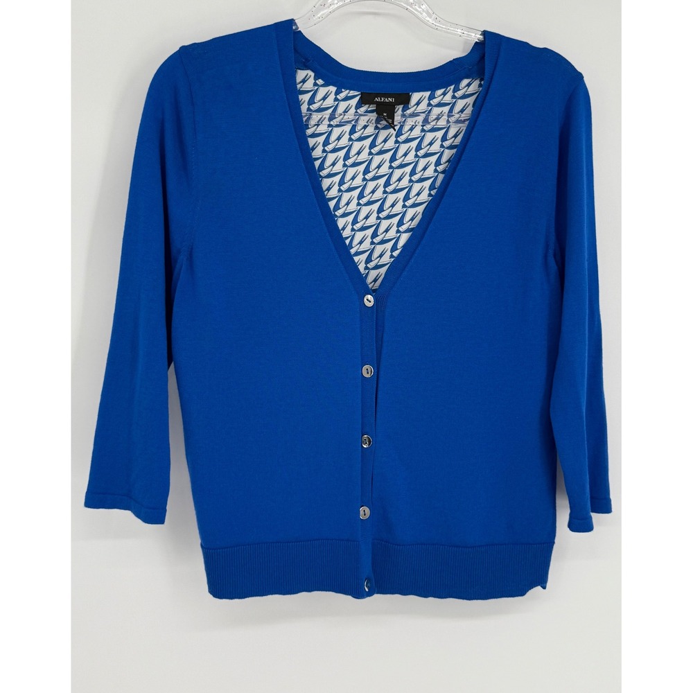Alfani Womens Royal Blue Mixed Media Sailboat Print Cardigan Sweater Sz M